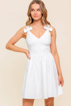 Women’s White V-Neck Mini Dress – Bow Strap Full Skirt Summer Dress