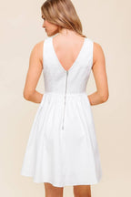 Women’s White V-Neck Mini Dress – Bow Strap Full Skirt Summer Dress