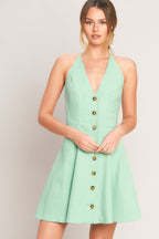 Solid Halter Neck Button-Front Open Back Mini Dress