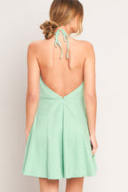 Solid Halter Neck Button-Front Open Back Mini Dress