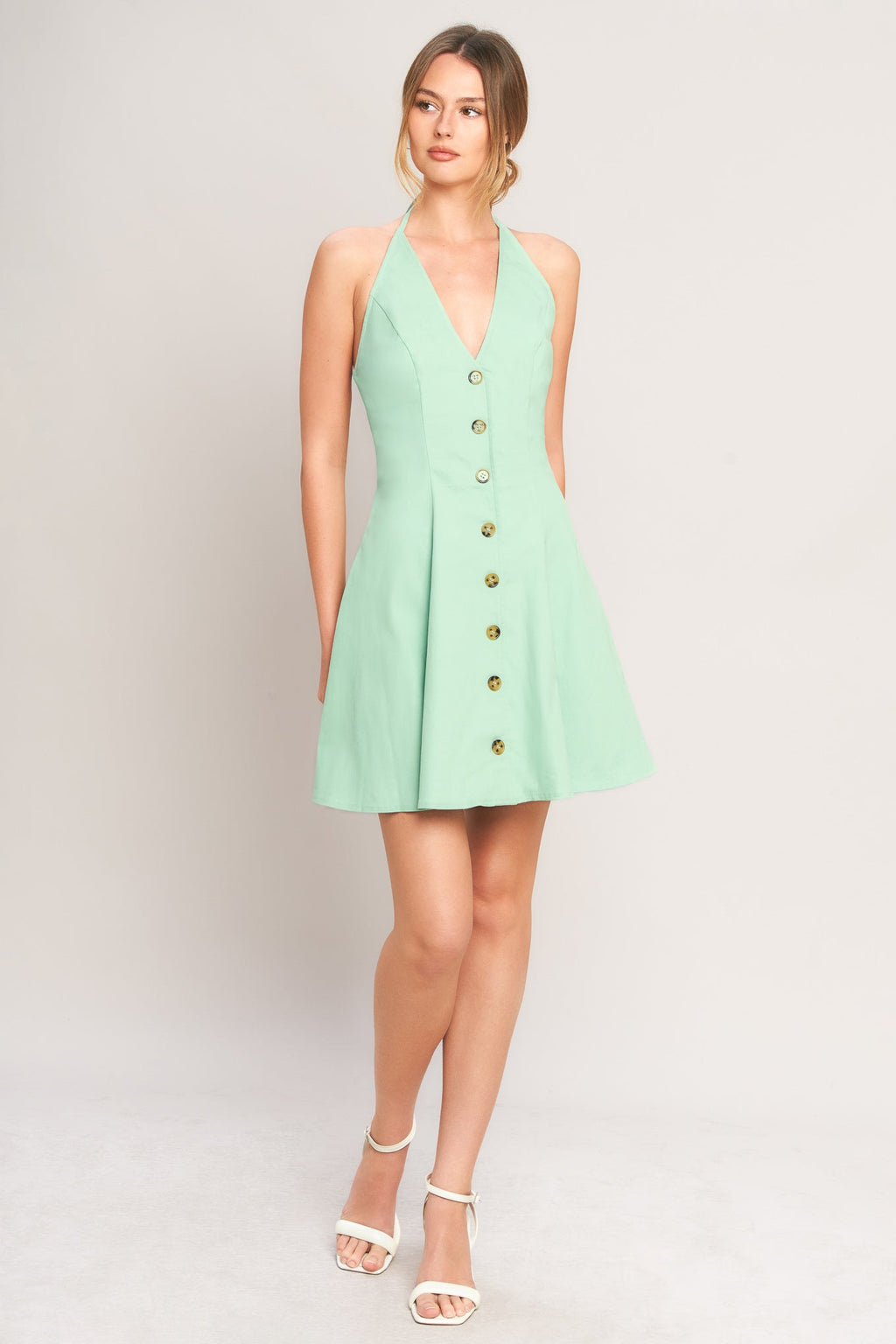Solid Halter Neck Button-Front Open Back Mini Dress