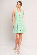 Solid Halter Neck Button-Front Open Back Mini Dress
