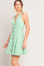 Solid Halter Neck Button-Front Open Back Mini Dress