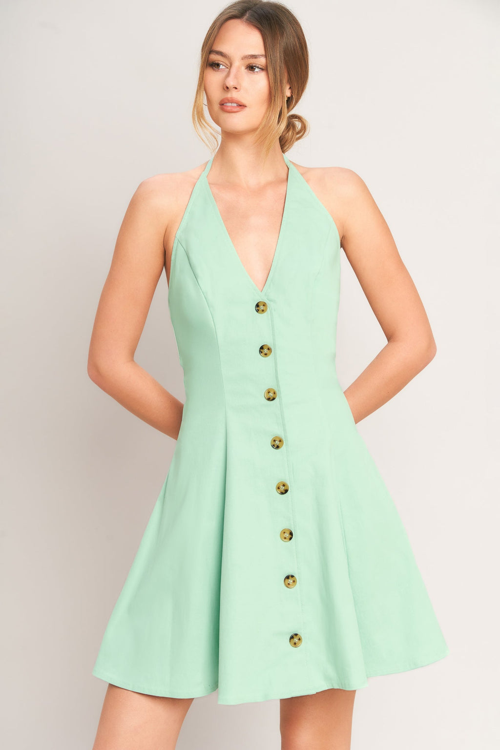 Solid Halter Neck Button-Front Open Back Mini Dress