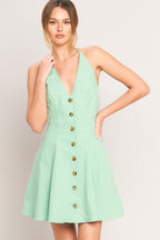 Solid Halter Neck Button-Front Open Back Mini Dress