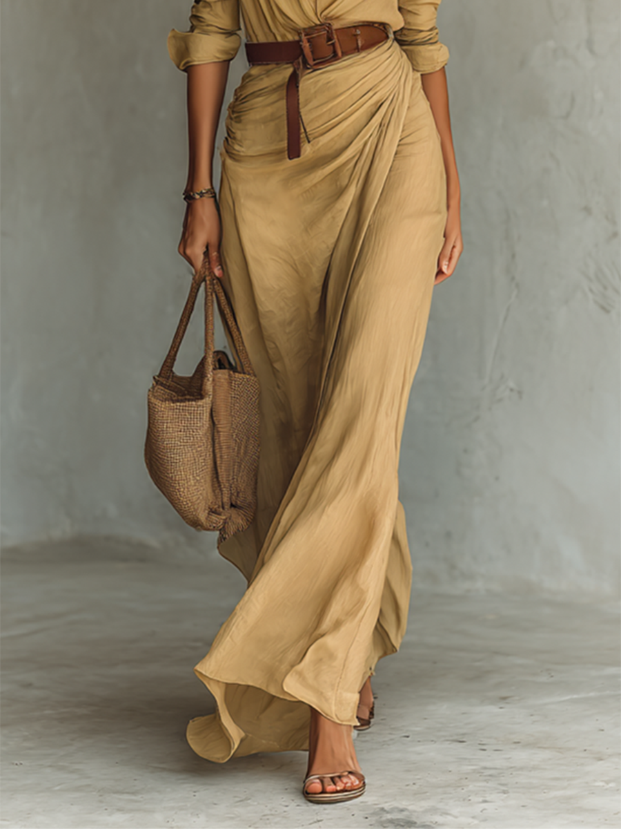 Ladies Lapel Belted Maxi Dress — Single-Breasted Long Sleeve Cotton Tencel Elegant Office & Formal Dress