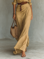 Ladies Lapel Belted Maxi Dress — Single-Breasted Long Sleeve Cotton Tencel Elegant Office & Formal Dress