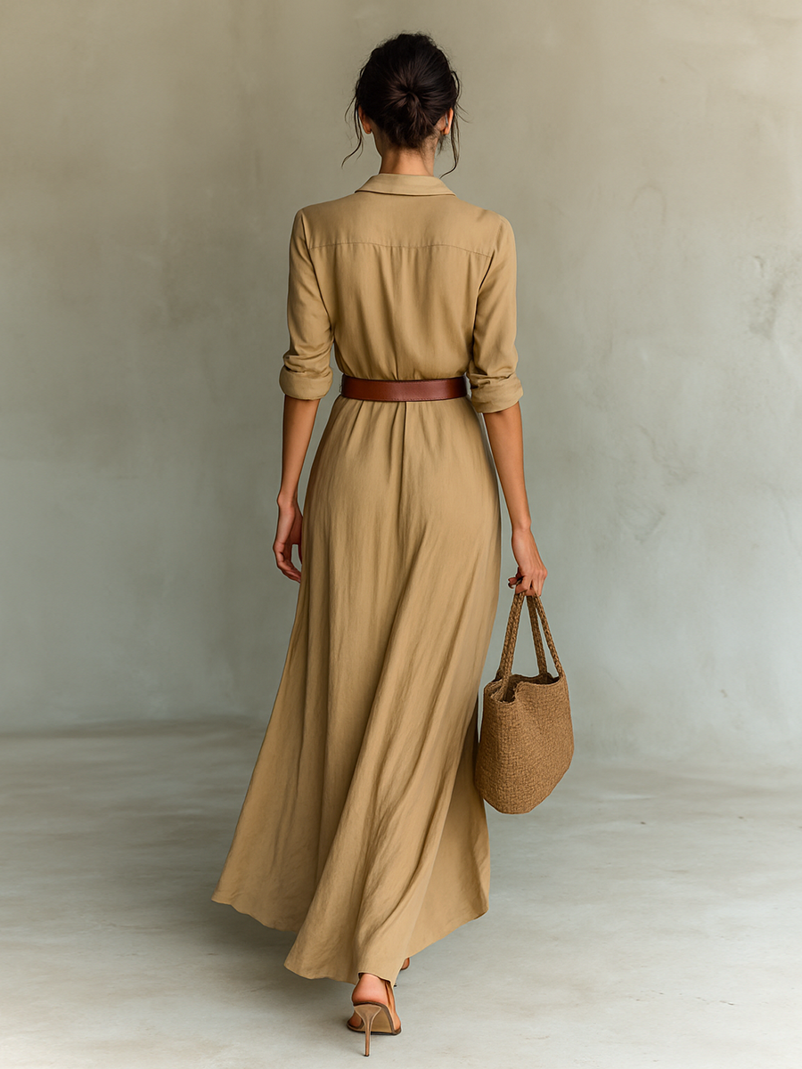 Ladies Lapel Belted Maxi Dress — Single-Breasted Long Sleeve Cotton Tencel Elegant Office & Formal Dress