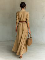 Ladies Lapel Belted Maxi Dress — Single-Breasted Long Sleeve Cotton Tencel Elegant Office & Formal Dress
