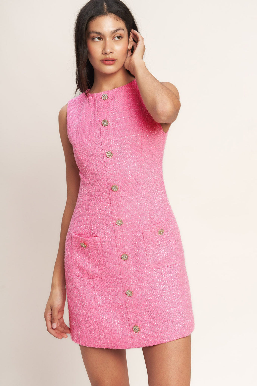 Tweed Jewel Button Sleeveless Mini Dress