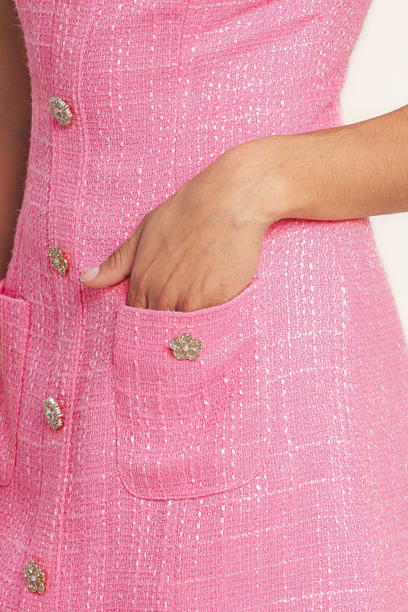 Tweed Jewel Button Sleeveless Mini Dress