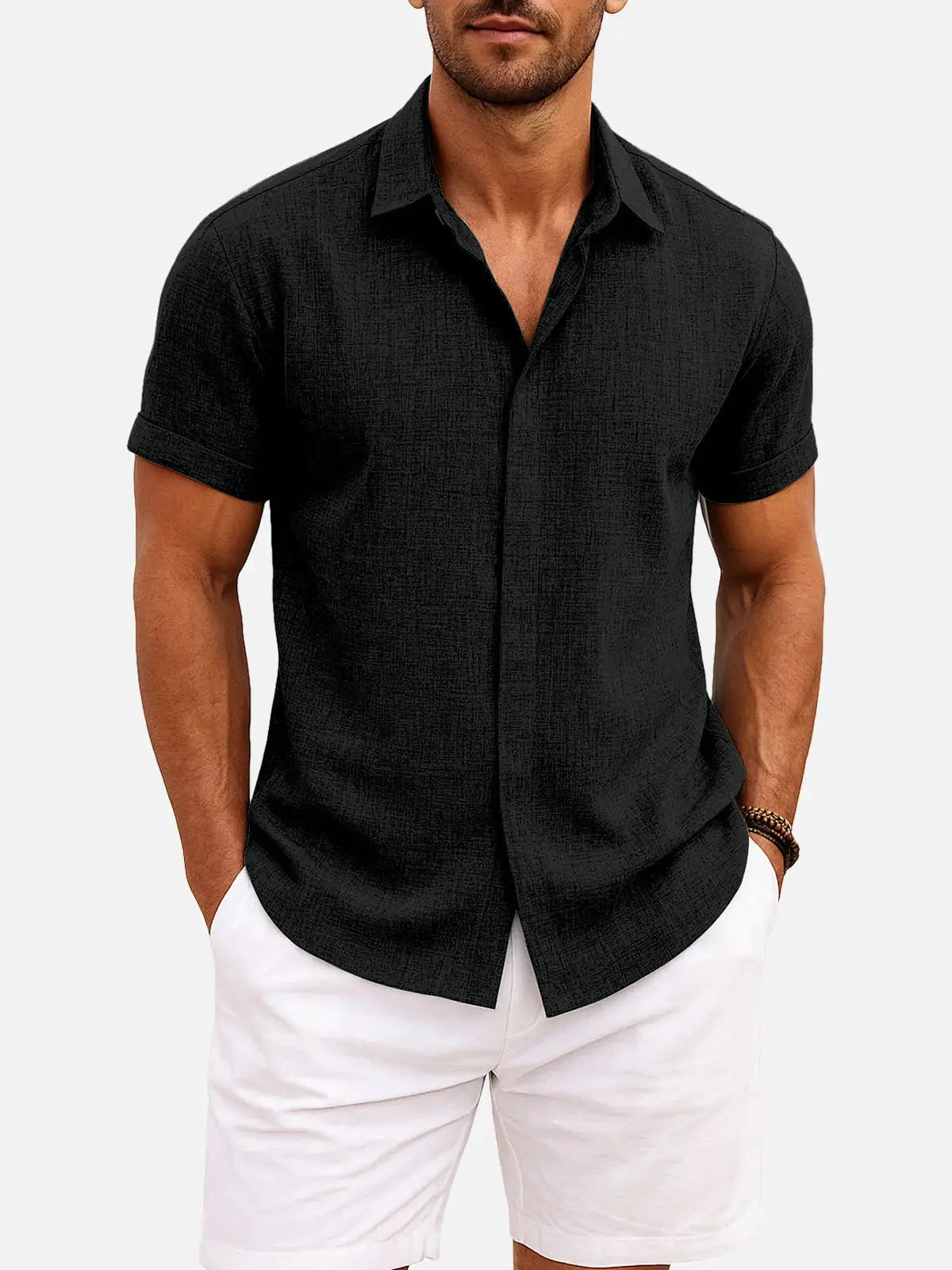 Men Linen Cotton Blend Spread Collar Button-Down Shirt