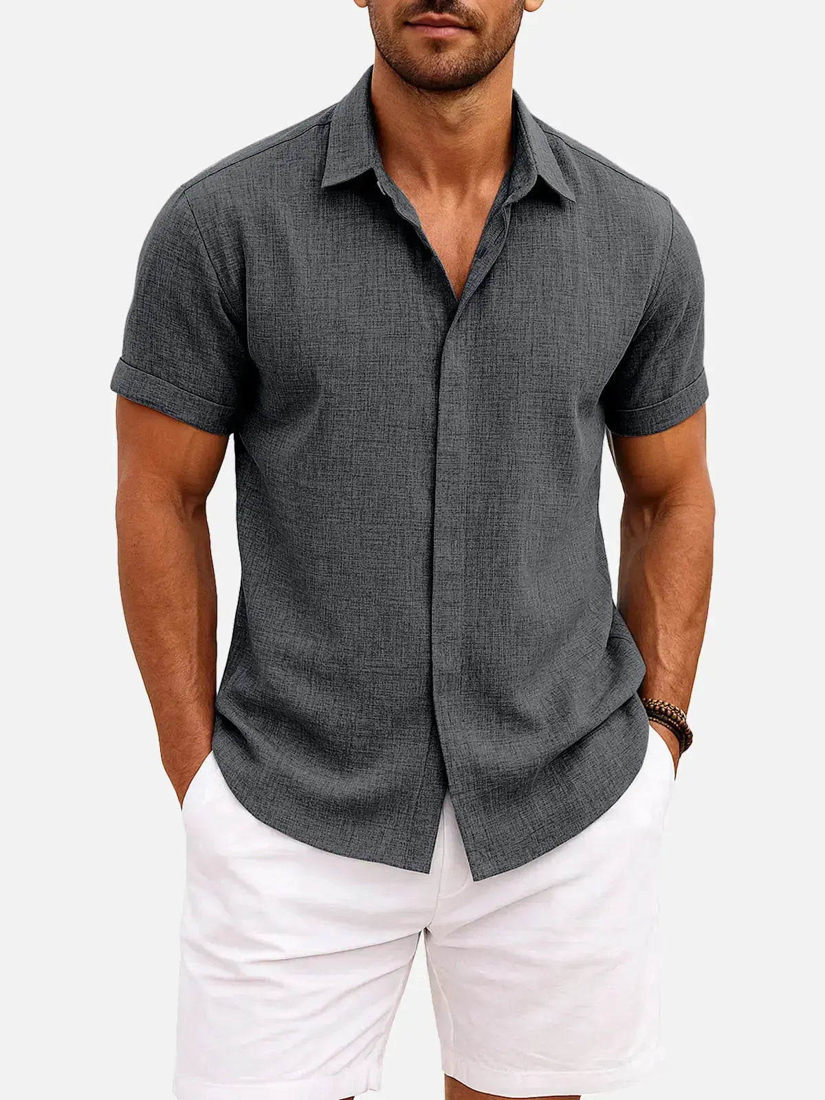 Men Linen Cotton Blend Spread Collar Button-Down Shirt
