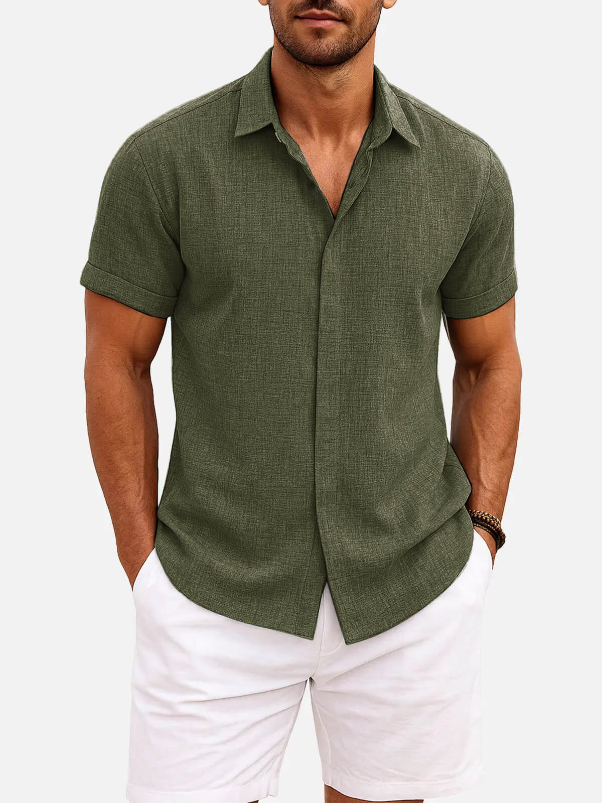 Men Linen Cotton Blend Spread Collar Button-Down Shirt