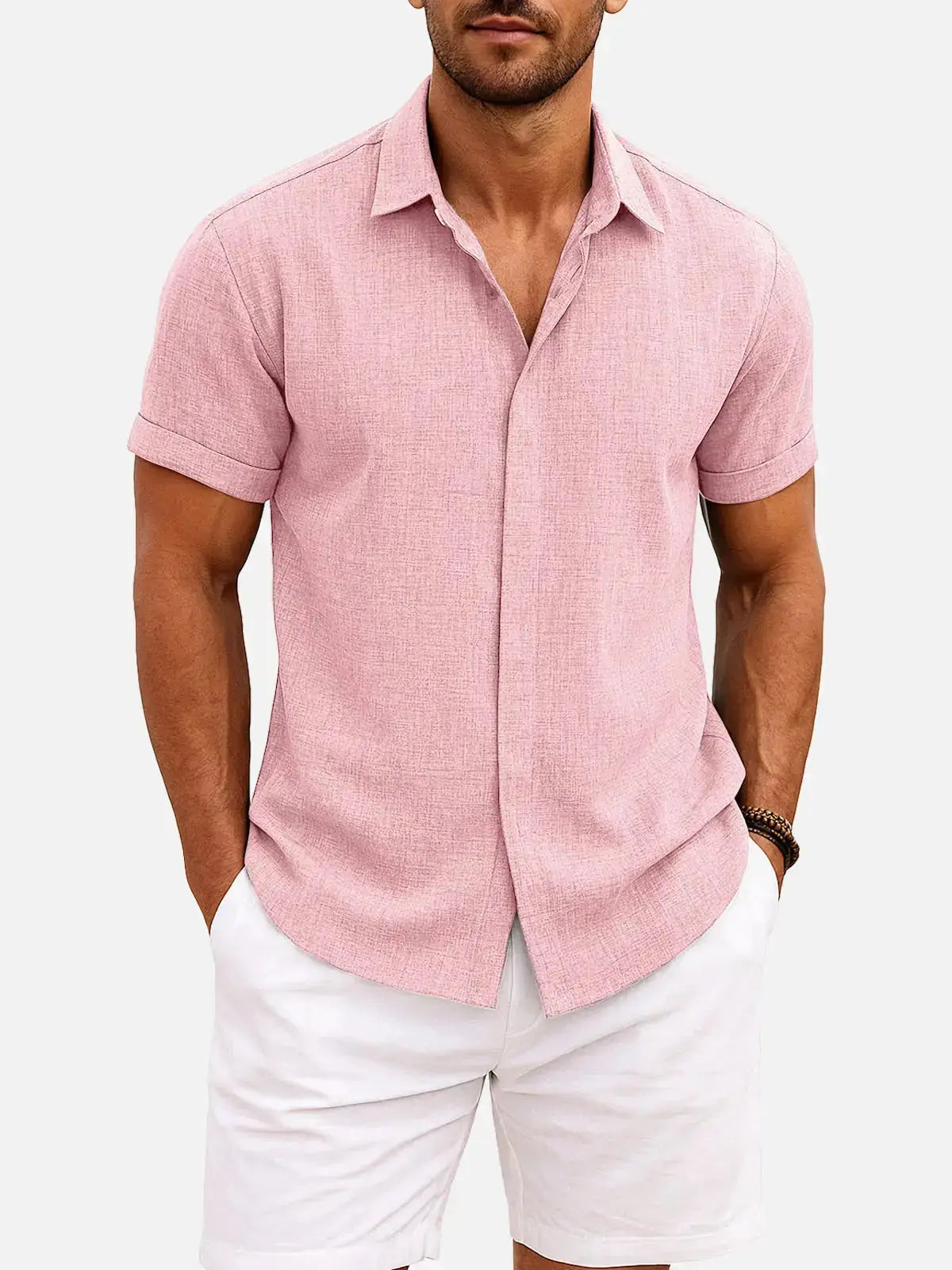Men Linen Cotton Blend Spread Collar Button-Down Shirt
