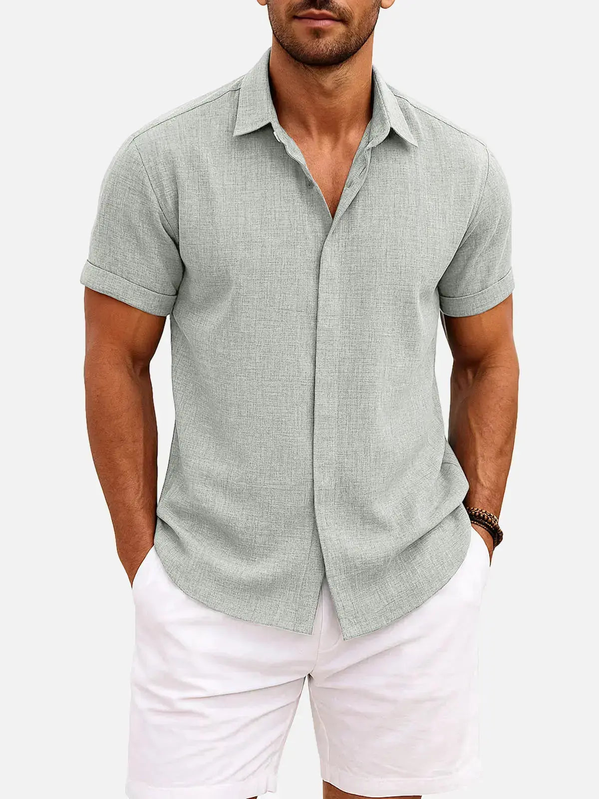 Men Linen Cotton Blend Spread Collar Button-Down Shirt