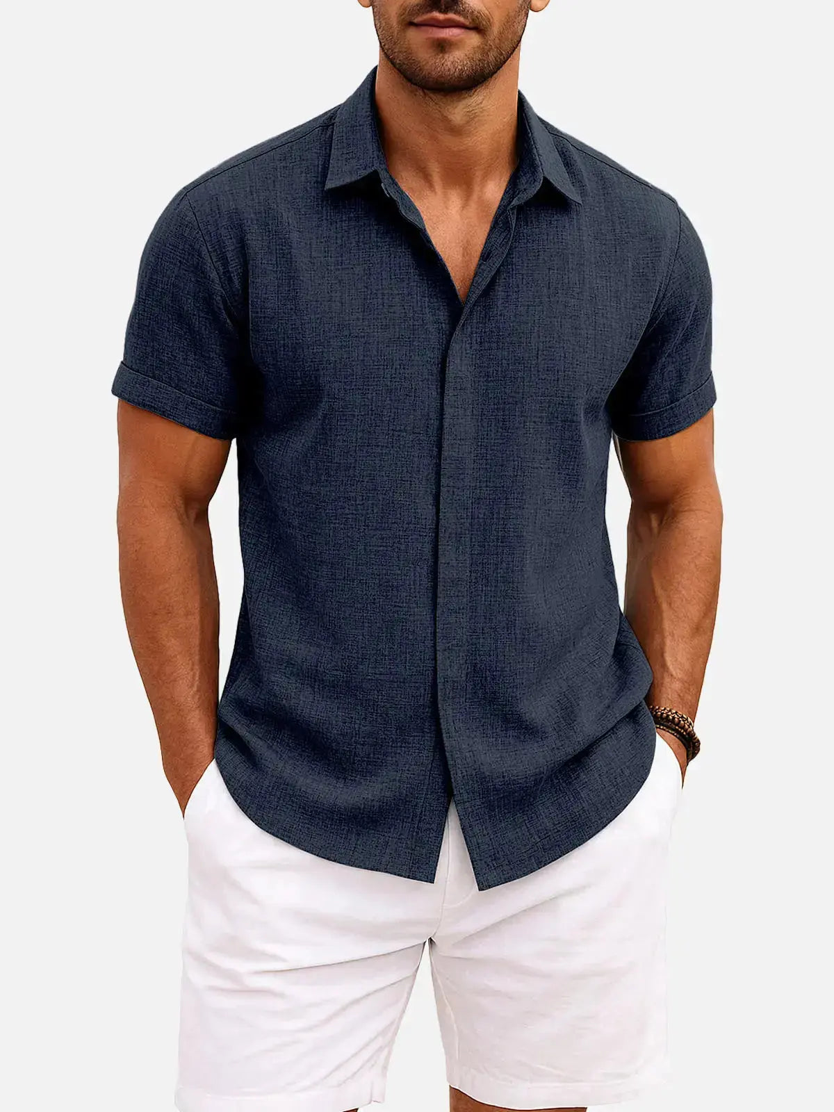 Men Linen Cotton Blend Spread Collar Button-Down Shirt
