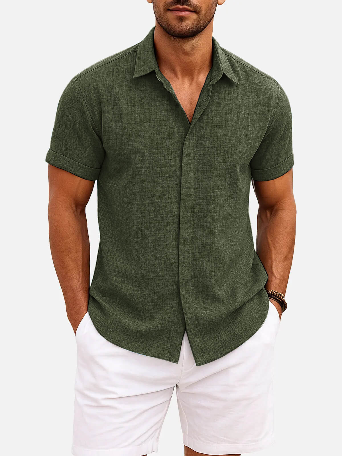Men Linen Cotton Blend Spread Collar Button-Down Shirt