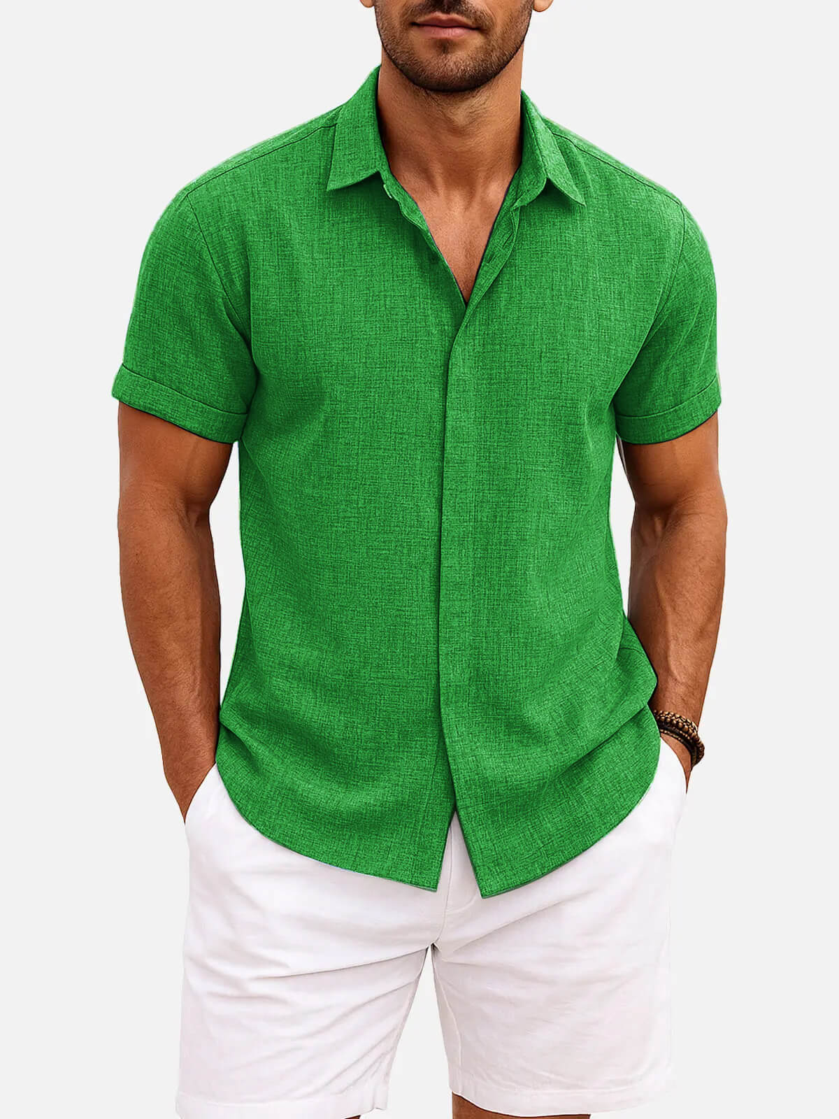 Men Linen Cotton Blend Spread Collar Button-Down Shirt