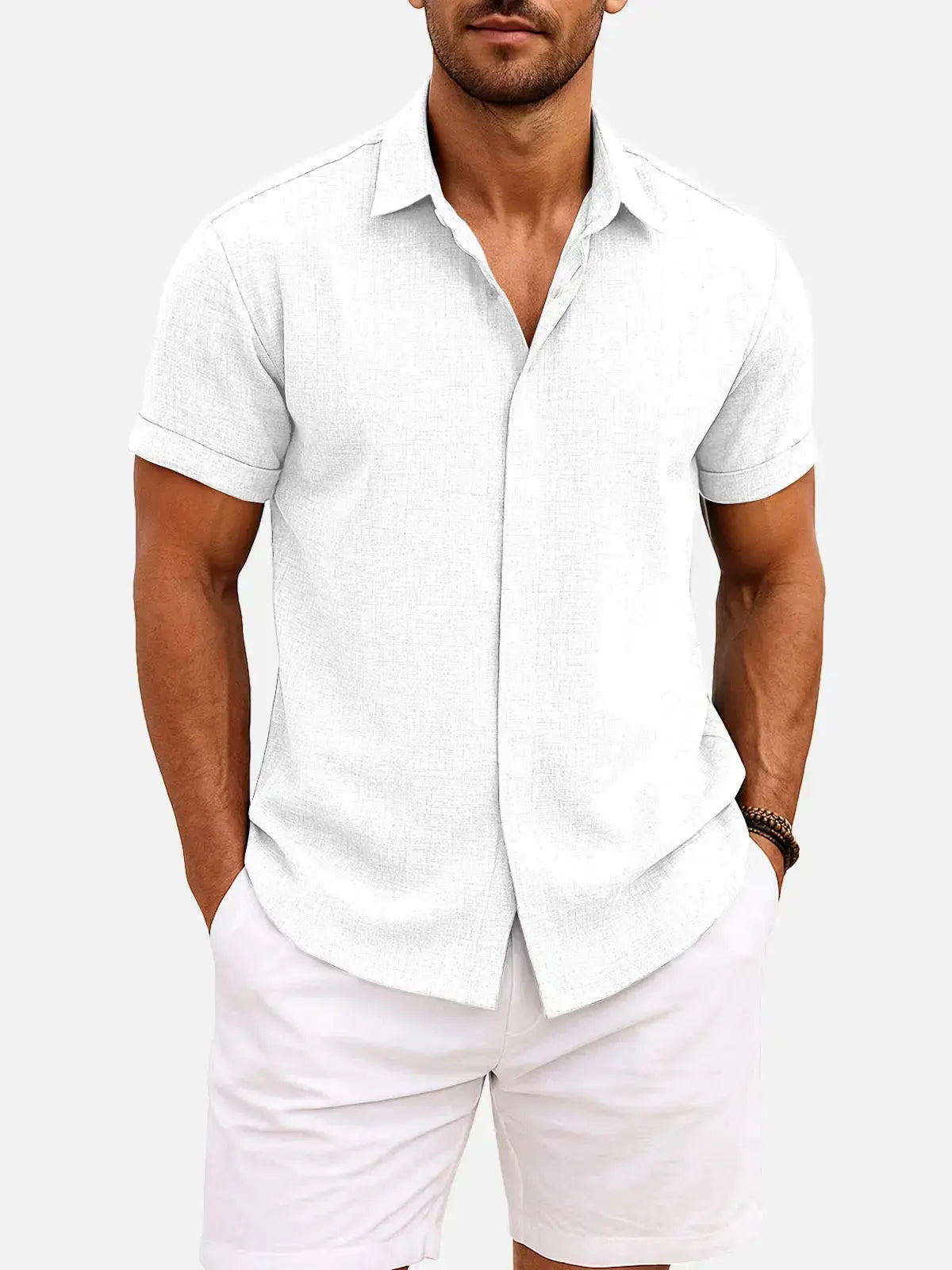 Men Linen Cotton Blend Spread Collar Button-Down Shirt