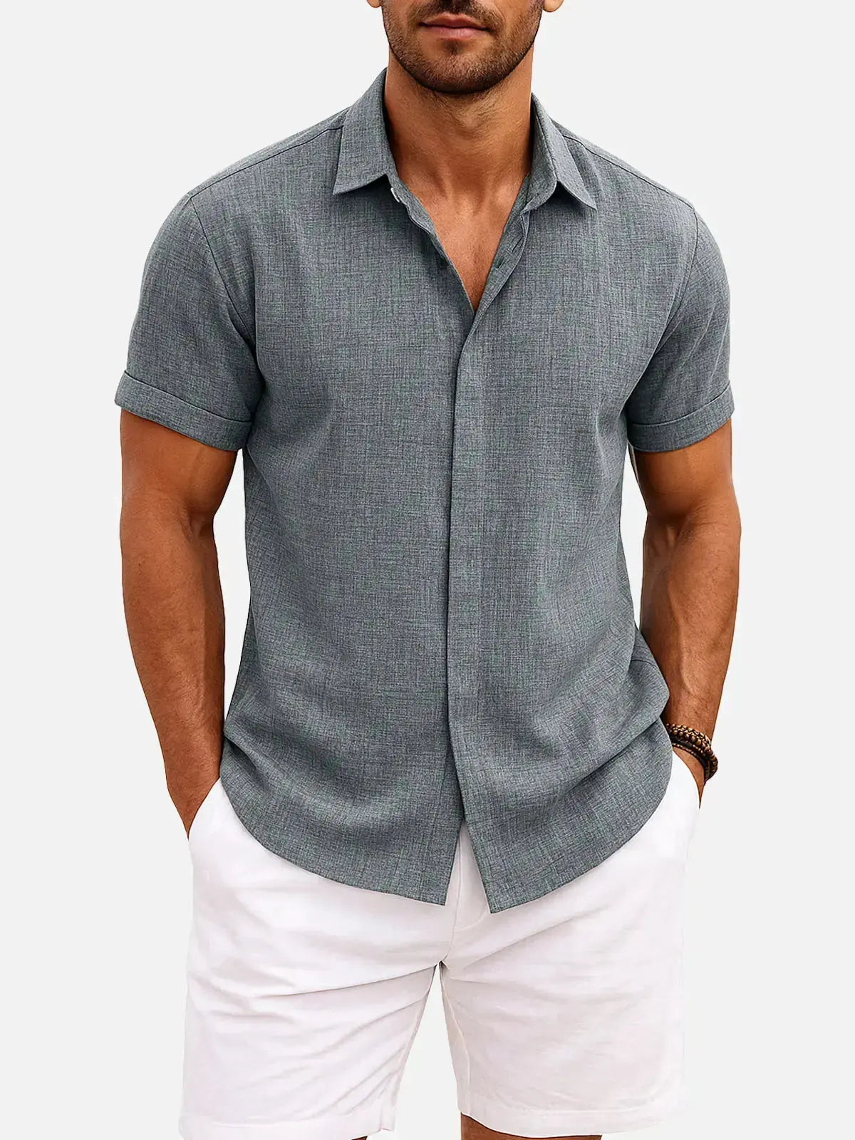 Men Linen Cotton Blend Spread Collar Button-Down Shirt