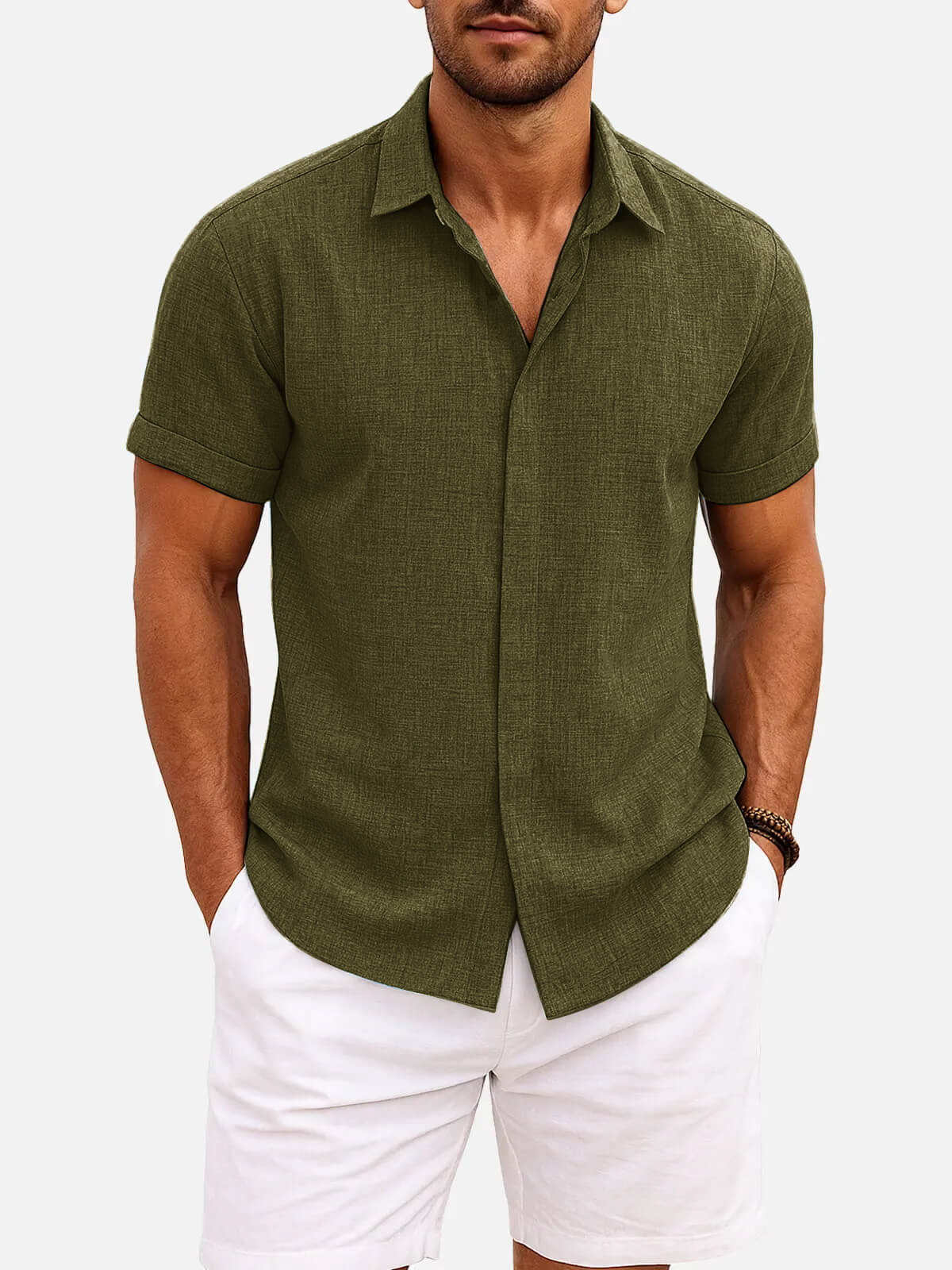Men Linen Cotton Blend Spread Collar Button-Down Shirt