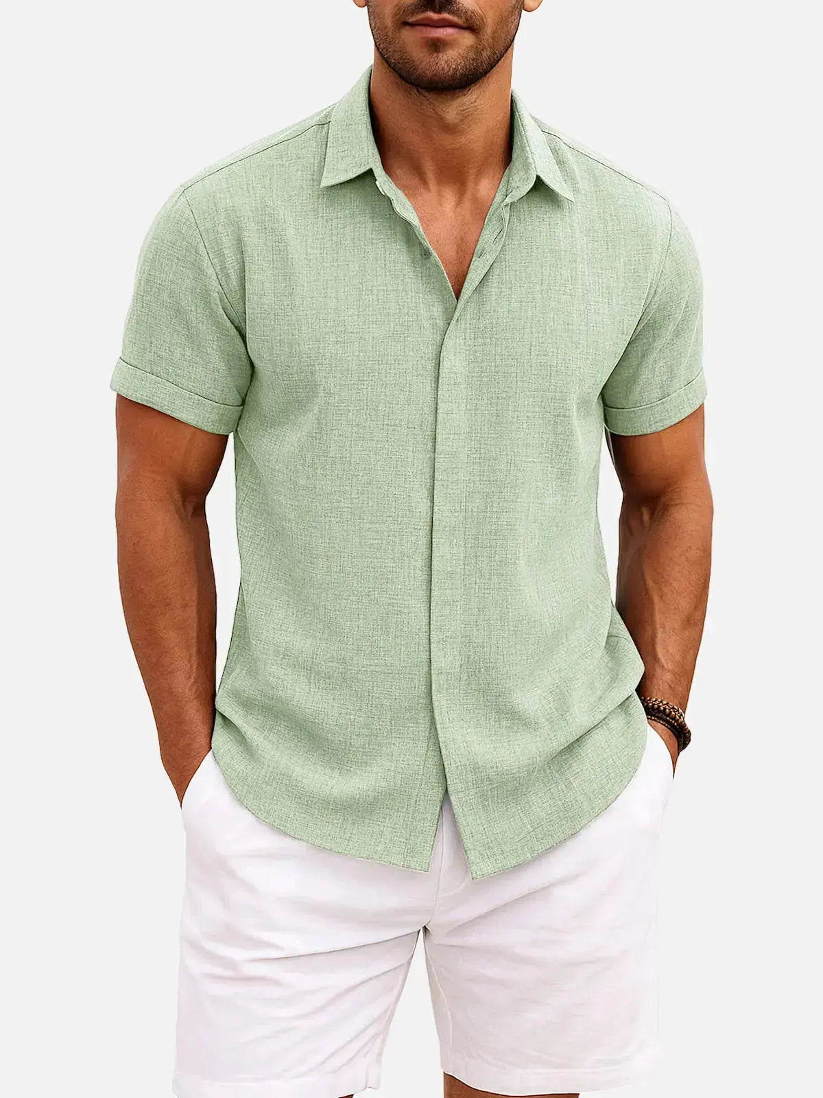 Men Linen Cotton Blend Spread Collar Button-Down Shirt