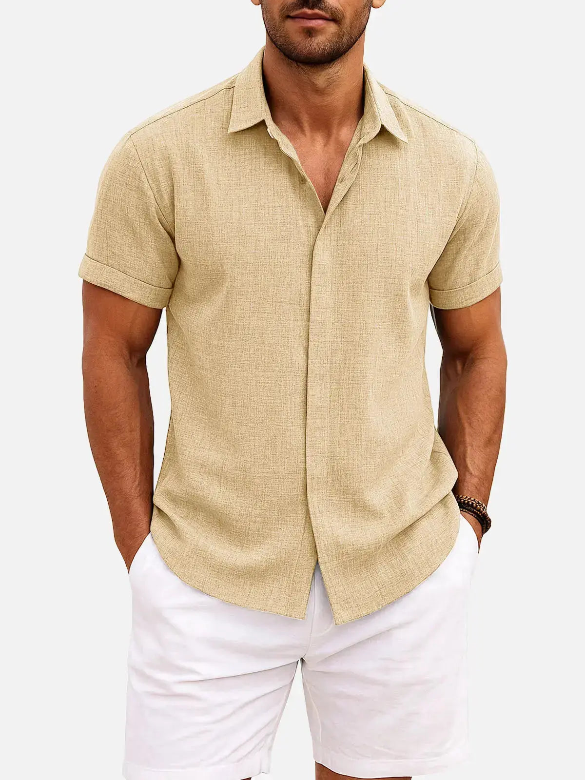 Men Linen Cotton Blend Spread Collar Button-Down Shirt