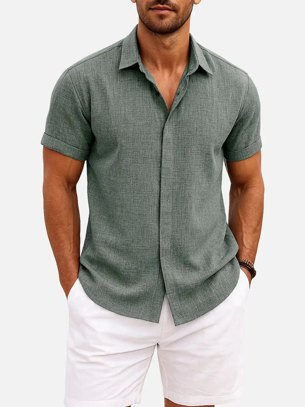 Men Linen Cotton Blend Spread Collar Button-Down Shirt