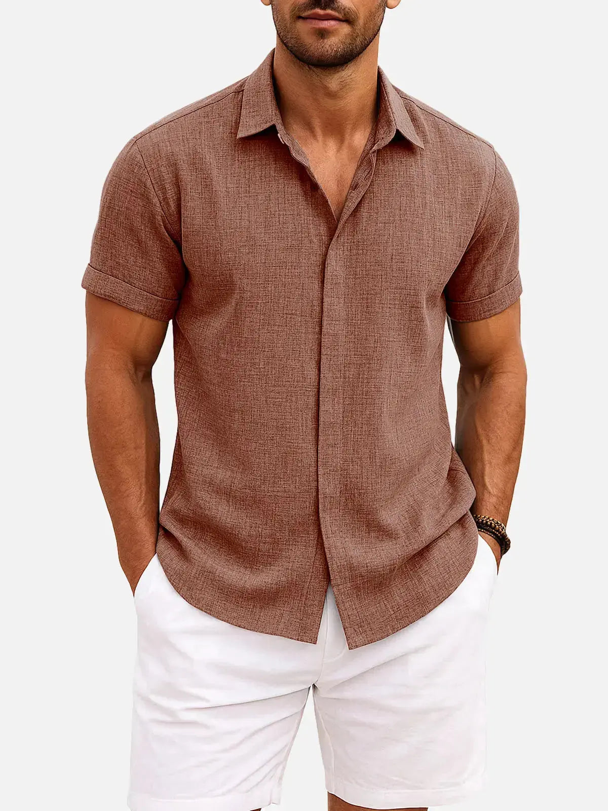 Men Linen Cotton Blend Spread Collar Button-Down Shirt