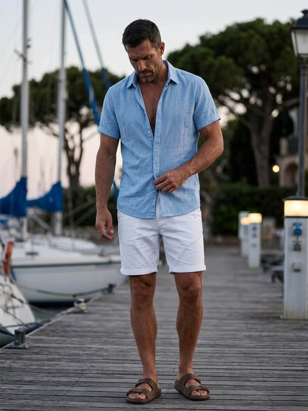 Men Linen Cotton Blend Spread Collar Button-Down Shirt