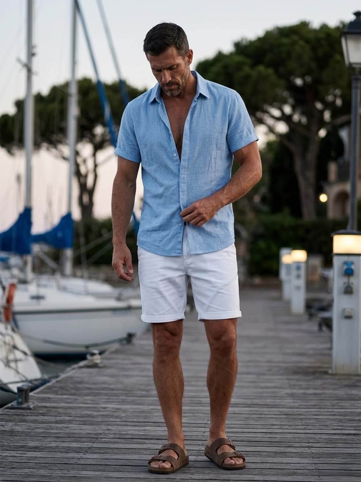 Men Linen Cotton Blend Spread Collar Button-Down Shirt