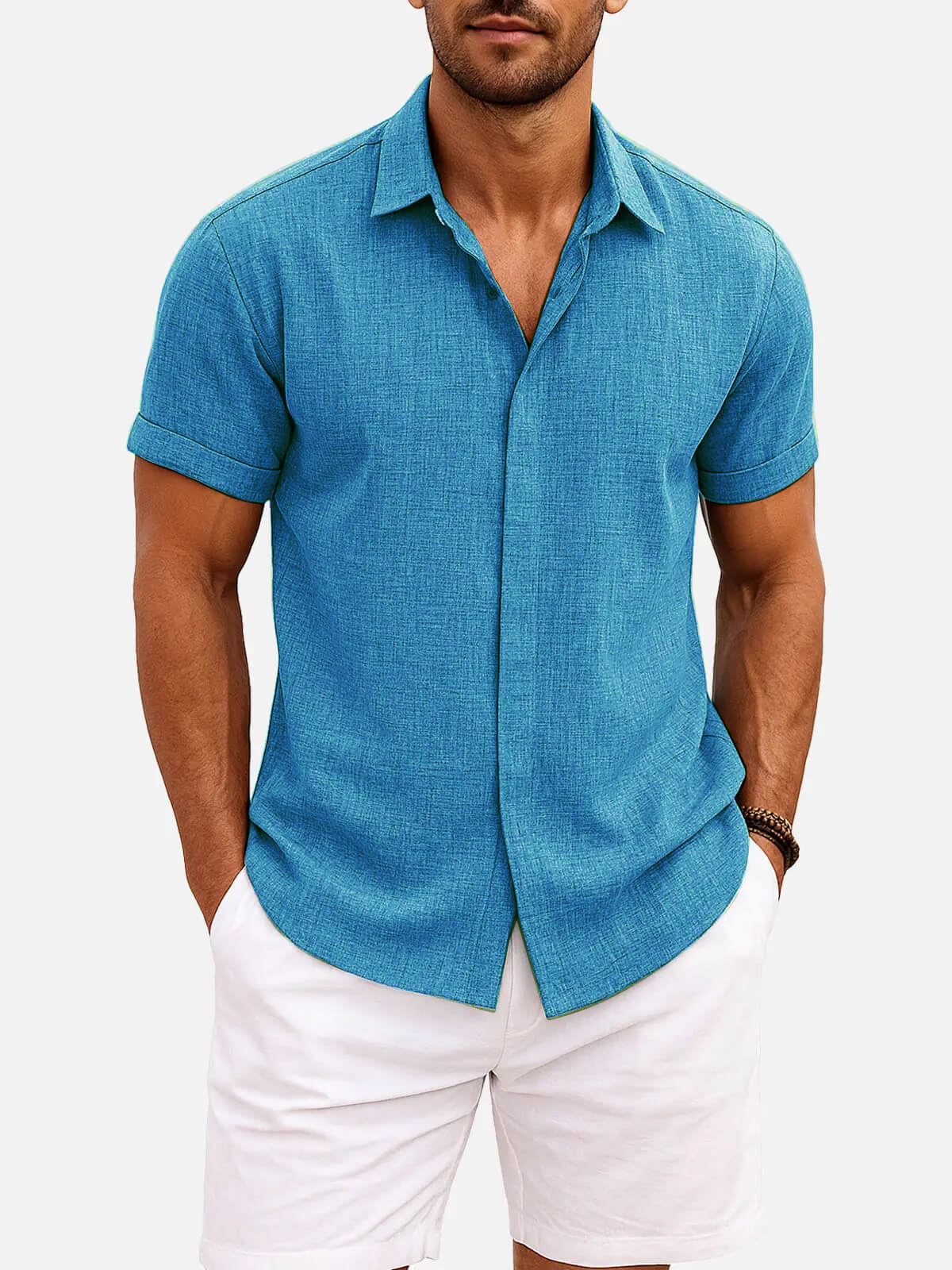Men Linen Cotton Blend Spread Collar Button-Down Shirt