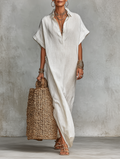 Women's White Linen Maxi Shirt Dress Oversized Kaftan Fit  Deep V-Neck Short Sleeves Resort & Beach