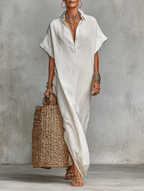 Women's White Linen Maxi Shirt Dress Oversized Kaftan Fit  Deep V-Neck Short Sleeves Resort & Beach