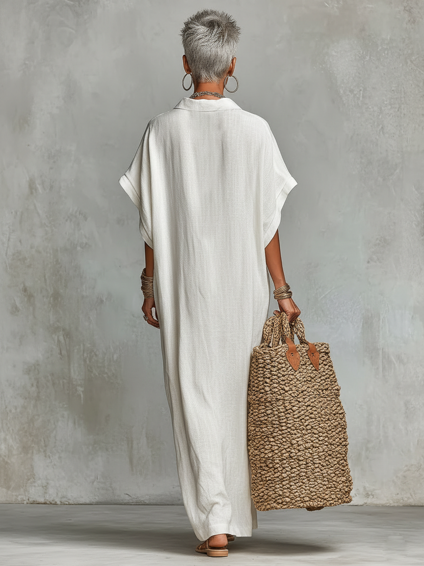 Women's White Linen Maxi Shirt Dress Oversized Kaftan Fit  Deep V-Neck Short Sleeves Resort & Beach