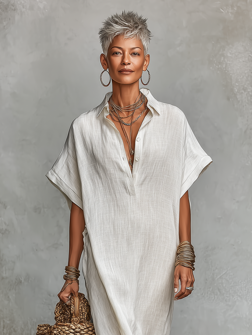 Women's White Linen Maxi Shirt Dress Oversized Kaftan Fit  Deep V-Neck Short Sleeves Resort & Beach