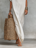 Women's White Linen Maxi Shirt Dress Oversized Kaftan Fit  Deep V-Neck Short Sleeves Resort & Beach