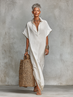 Women's White Linen Maxi Shirt Dress Oversized Kaftan Fit  Deep V-Neck Short Sleeves Resort & Beach