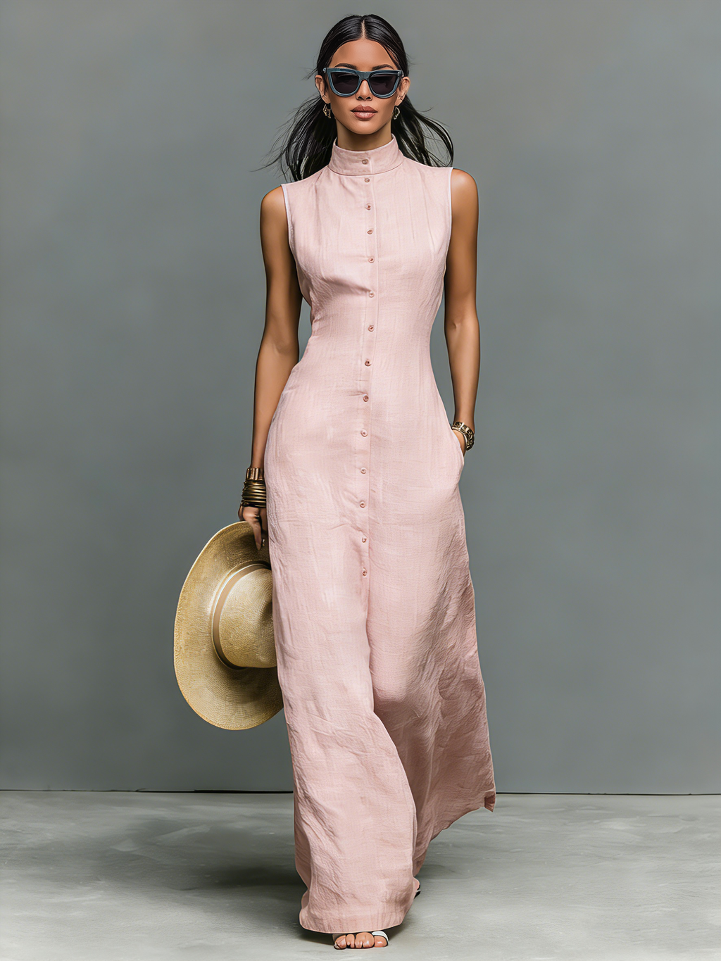 Stylish Linen Blend White Maxi Dress for Women