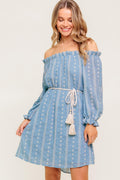 Women’s Off-Shoulder Embroidered Mini Dress – Ruffle Neck Long Sleeve Belted Dress