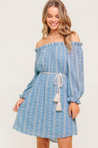 Women’s Off-Shoulder Embroidered Mini Dress – Ruffle Neck Long Sleeve Belted Dress
