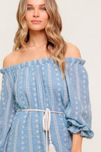 Women’s Off-Shoulder Embroidered Mini Dress – Ruffle Neck Long Sleeve Belted Dress