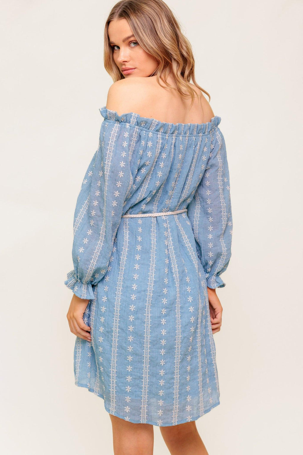 Women’s Off-Shoulder Embroidered Mini Dress – Ruffle Neck Long Sleeve Belted Dress
