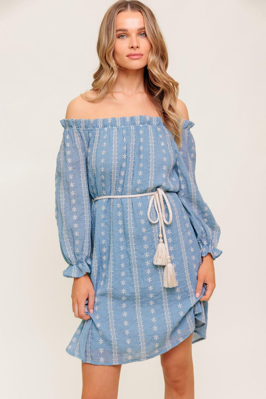 Women’s Off-Shoulder Embroidered Mini Dress – Ruffle Neck Long Sleeve Belted Dress