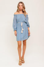 Women’s Off-Shoulder Embroidered Mini Dress – Ruffle Neck Long Sleeve Belted Dress
