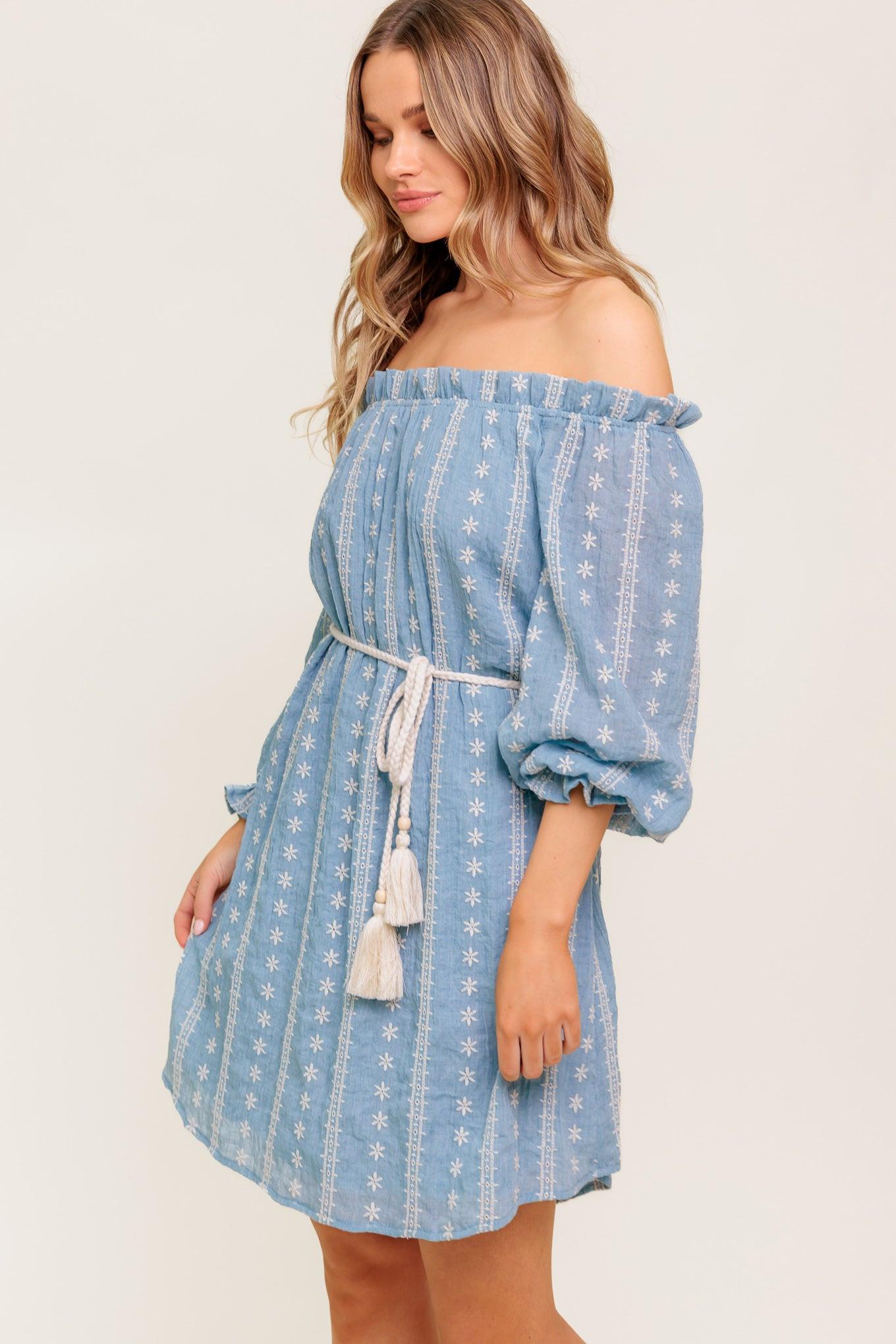 Women’s Off-Shoulder Embroidered Mini Dress – Ruffle Neck Long Sleeve Belted Dress