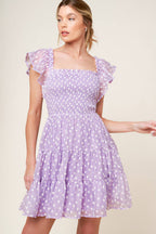 Lavender Textured Square Neck Smocked Tiered Mini Dress