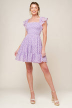 Lavender Textured Square Neck Smocked Tiered Mini Dress