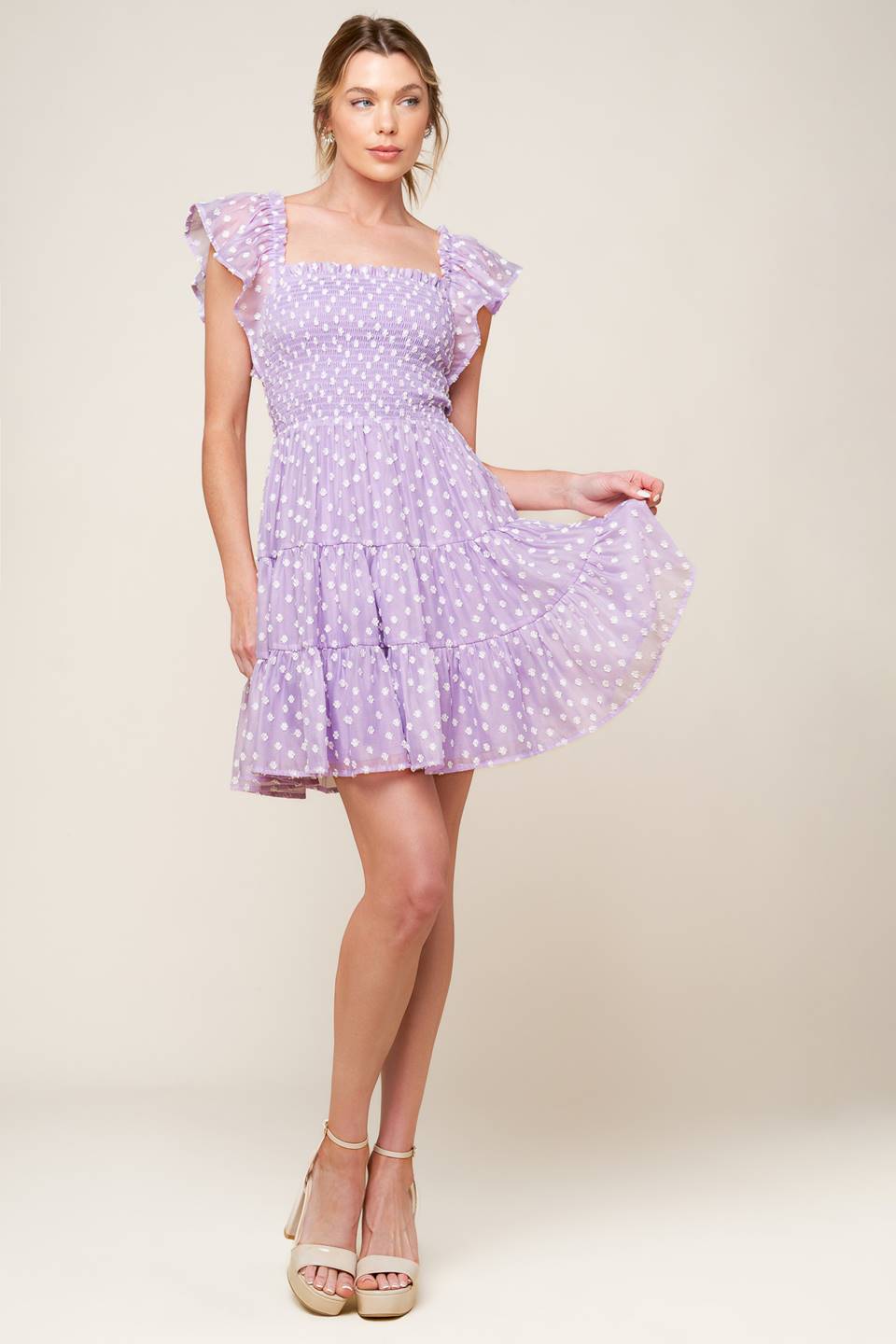 Lavender Textured Square Neck Smocked Tiered Mini Dress